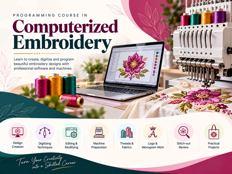 Computerized embroidery machine creating detailed embroidery
